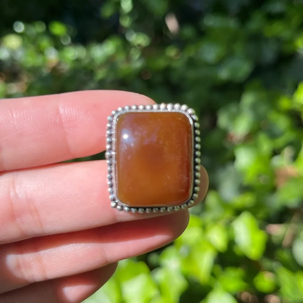 Size 8.25 925 silver plated brown agate square ring‎